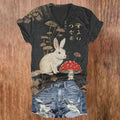 Dashingsoul Vintage Rabbit And Vibrant Mushroom Print V-neck Short-sleeved T-shirt