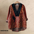 Japanese Style Flower Branch And Black Bird Printed Casual V-neck Shirt