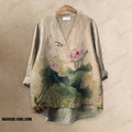 Women's Japanese Vintage Lotus Art Printed Casual V-neck Blouse