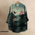 Women's Lovely Butterfly With Lotus Pond Printed Casual V-neck Blouse