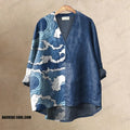 Women's Abstract Cloudy Wave Art Printed Casual V-neck Blouse