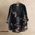 Women's Lovely Goldfish Floral Art Printed Casual V-neck Blouse