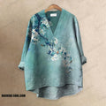 Japanese Antique Pear Blossom Ink Painting Printed Casual V-neck Blouse