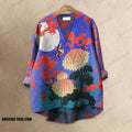 Japanese Chrysanthemum Butterfly Printed Casual V-neck Blouse