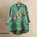 Cherry Blossom And Bird Art Printed Casual V-neck Blouse