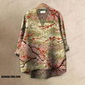 Retro Traditional Plum Blossom Colorblock Art Printed Casual V-neck Blouse