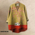 Retro Japanese Art Colorblock Lucky Cat Floral Printed Casual V-neck Blouse