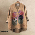 Retro Japanese Art Cat Hiding In Slippers Printed Casual V-neck Blouse