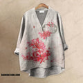 Japanese Higan Flower Ink Painting Printed Casual V-neck Blouse