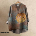 Japanese Antique Moon Plum Blossom Printed Casual V-neck Blouse