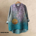 Japanese Antique Style Moon Flower Printed Casual V-neck Blouse